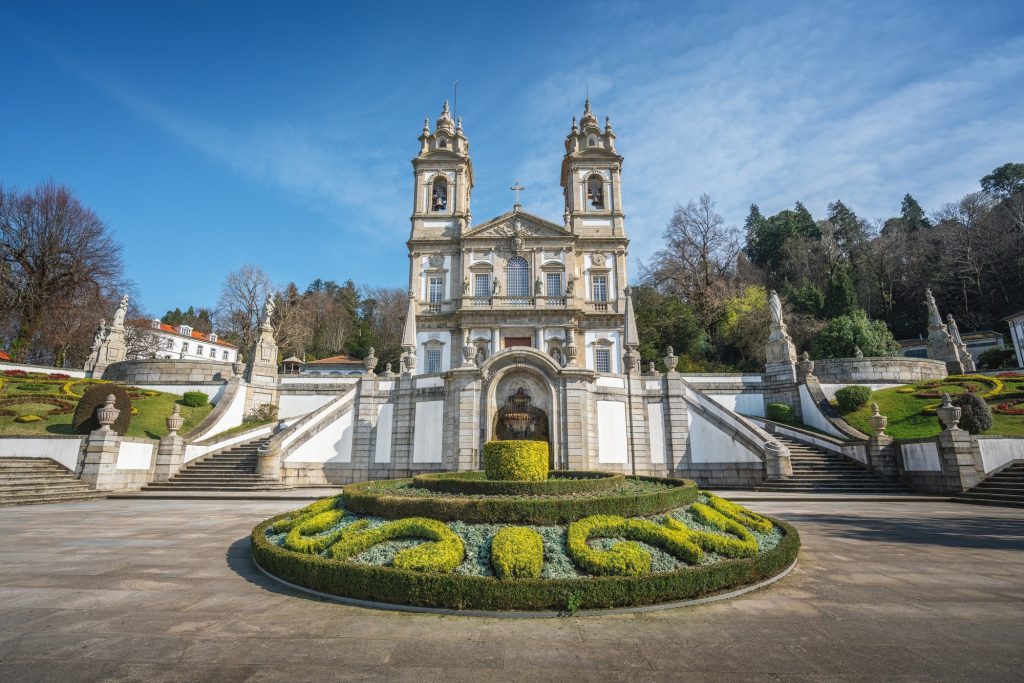 Church Basilica at Sanctuary of Bom Jesus do Monte and Pelican Fountain - Braga, Portugal